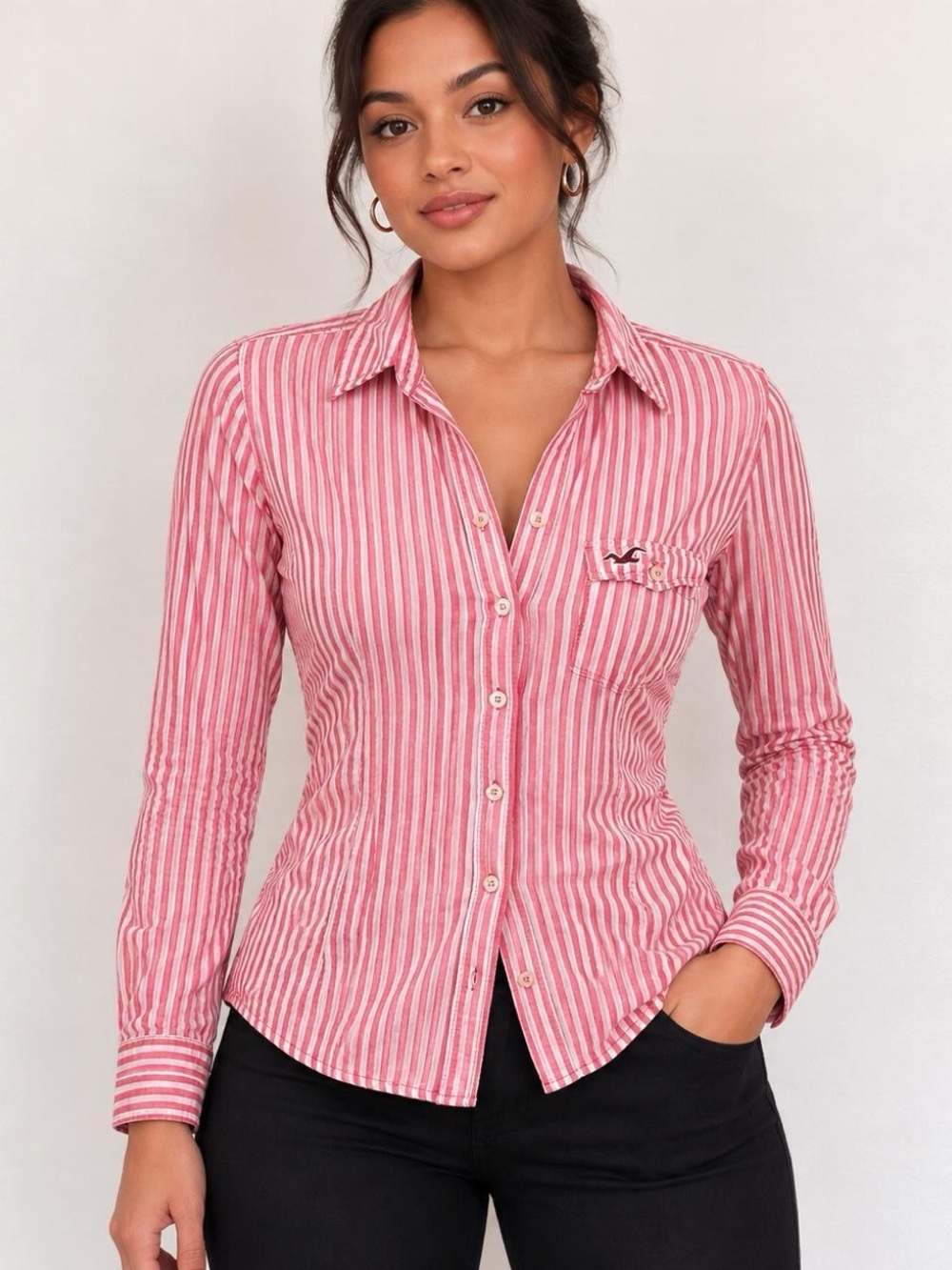 Y2K Hollister Preppy Bloquette Academia Striped Logo Button Shirt Top Blouse